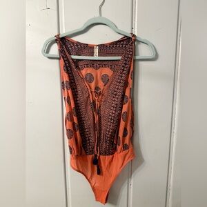 Free People pinkish/orange and navy Bodysuit - NWOT